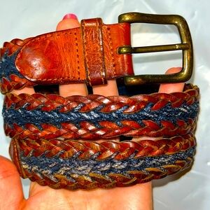 Fossil BROWN BRAIDED Leather BELT blue center western boho 35”long vintage, MED